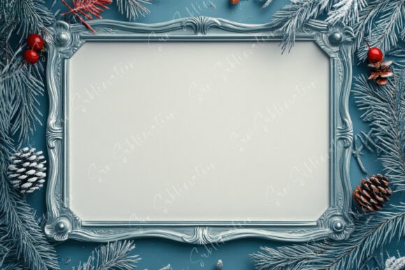 Elevate Your Holiday Designs with a Decorative Silver Frame Surrounded by Winter Foliage