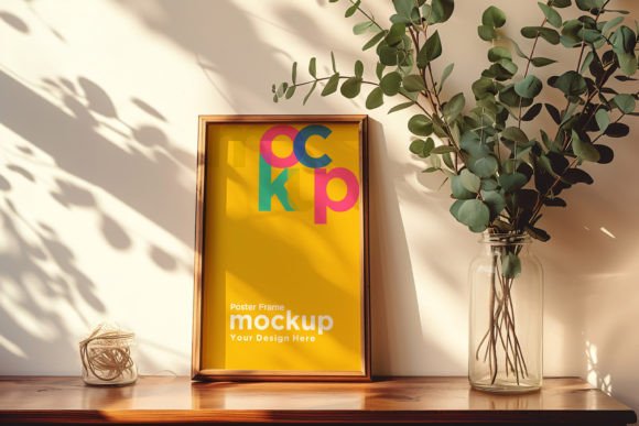 Elevate Your Visual Storytelling with a Poster Frame Mockup Featuring Decorative Items and Sunlight Shadows