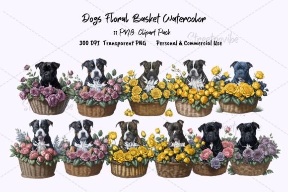 Elevating Creative Projects with Dog Basket Floral Watercolor Clipart PNG