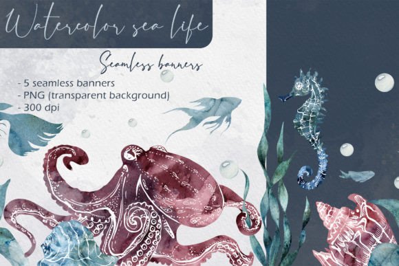 Watercolor Sea Life Seamless Banners